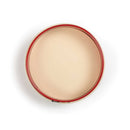 Top view of a 9-inch red springform pan showing the circular beige nonstick baking surface.