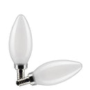 Two frosted B11 LED bulbs with E12 bases displayed at an angle