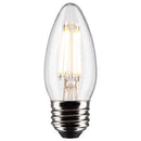 Close-up of a clear Satco LED B11 bulb with visible filament and medium base