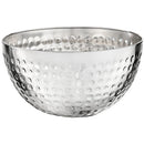 Textured large stainless steel serving bowl with hammered detailing and a round open rim