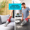 Split image of man and woman using vacuum on couch and counter with blue text overlay