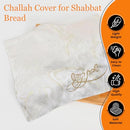 Folded challah cover shown with icons for lightweight, high quality, easy to store, and soft material, labeled for Shabbat bread