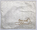 White challah cover with subtle zigzag texture and gold embroidered Hebrew text in the bottom right corner