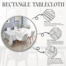 Image of a rectangular tablecloth on a dining table, featuring care instructions and fabric details in a stylish layout.