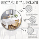 Image of a rectangle tablecloth displayed on a dining table, showcasing benefits like spill resistance, softness, and easy maintenance.
