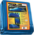 Folded blue P-Style Ultimate Poly Tarp in 8x10 ft size with retail label showing tarp features and usage images
