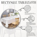 Infographic highlighting the tablecloth’s rectangle shape, soft-touch feel, and fine-stitched edges for durability