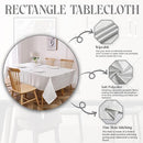 Infographic showcasing the rectangular shape, soft wrinkle-resistant fabric, and fine hem stitching of the tablecloth