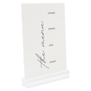 White lucite menu card measuring 6.5 by 9 inches with dry erase marker for reusable Shabbat or event menus