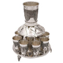 Nickel Kiddush fountain set with 8 small cups and 1 large cup, featuring elegant 11-inch tall centerpiece