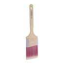 Angular paint brush with wooden handle and pink-tipped bristles on white background