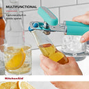 Teal handled KitchenAid can opener with a silver cutting mechanism and bottle opener.