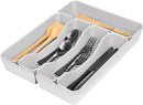 Silver-colored utensil tray for drawers, by Spectrum Diversified, designed to keep silverware and kitchen tools neatly organized.