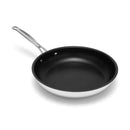 A stainless steel 10-inch open skillet with a nonstick interior and a long handle, displayed on a white background.
