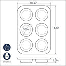 Dimensions for Nordic Ware natural aluminum jumbo muffin pan with six large round cavities on a white background.