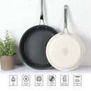 Martha Stewart Lockton set of two aluminum frying pans, one 10-inch with a dark non-stick interior and a stainless steel handle, and one 12-inch with a light-colored cooking surface and a stainless steel handle.
