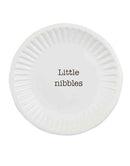 Textured ceramic tapas plate with witty saying displayed on a white background.