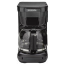 Proctor Silex black drip coffee maker with a glass carafe and a sturdy handle. Compact design, ideal for home or office use, with a simple on/off operation for easy brewing