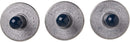 Nordic Ware set of three silver cast aluminum cookie stamps with midnight blue wooden handles, each with starry round designs, shown on a white background.