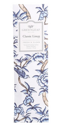 Greenleaf Classic Linen slim sachet with a soft blue and white floral design on a white background.