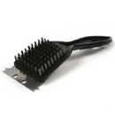 A heavy-duty black BBQ grill brush with durable stainless steel bristles for effective cleaning and a built-in metal scraper for removing stubborn residue.