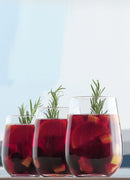 Clear, stemless wine glass with a rounded bowl shape