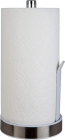 White freestanding paper towel holder with a tension arm, holding a jumbo paper towel roll on a white background.