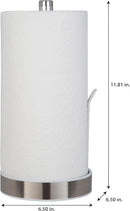 Dimensions for White freestanding paper towel holder with a tension arm, holding a jumbo paper towel roll on a white background.