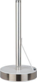 White freestanding paper towel holder with a tension arm on a white background.