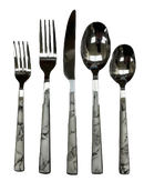A set of five pieces of silverware with reflective surfaces and handles that appear to have a marble-like design. The set includes two forks of different sizes, a knife, a large spoon, and a smaller spoon.