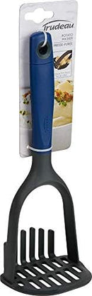 Blueberry and grey silicone potato masher with ergonomic handle in it's original packaging, shown upright on a white background.