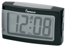 Impecca black digital alarm clock with a 1.3-inch display and large snooze button on a white background.
