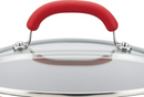 Close up of the red stainless steel-silicone lid handles, displayed on a white background.