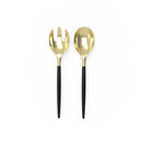 Black and gold plastic serving fork and spoon set displayed on a white background.