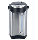 Large-capacity Le Chef LC6377S electric hot water pot with a silver stainless steel finish, black accents, and a 6.3-liter water level indicator.