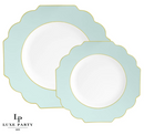 gold-accented scalloped plastic plates in ice blue, displayed on a white background.