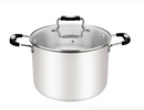 Stainless steel stockpot with a transparent glass lid and black silicone-coated handles. The pot features a polished exterior and sturdy construction, ideal for cooking soups, stews, and large meals.