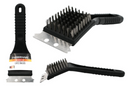 Three views of a Farberware Barbecue 8-inch grill brush with a black plastic handle, stainless steel bristles, and a metal scraper. One view shows the full brush with its packaging, another shows the brush head and scraper, and the third shows the brush from the side.