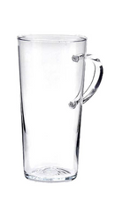 This is a tall, clear glass mug designed for hot beverages. It has a sleek, slightly tapered cylindrical body and a thick, durable base. A curved, clear glass handle is attached to the side, featuring two distinct points of attachment that appear to be small, rounded protrusions. The mug's transparent design would allow for the visual appreciation of layered drinks.