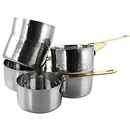 Set of six silver stainless steel mini sauce pans with handles, arranged on a white background.