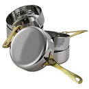 Set of six polished stainless steel mini frying pans with hammered finish, arranged on a white background.