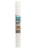 A rolled-up "easyLiner Smooth Top" shelf liner by Duck Brand, featuring a white background with a repetitive gold quatrefoil pattern. The label on the roll shows product details and small images of the liner in use on shelves and in drawers.