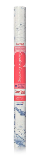 A roll of Con-Tact brand Creative Covering self-adhesive liner, showing a blue marble pattern. The red label indicates "Adhesive Covering," "Removable," and dimensions "18 in. x 9 ft." (46 cm x 2.74 m).