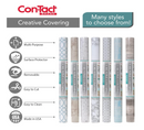 A promotional image for Con-Tact brand Creative Covering, showing a variety of rolled self-adhesive liners in different patterns. Text highlights features: Multi-Purpose, Surface Protector, Removable, Easy to Cut, Easy to Clean, and Made in USA.