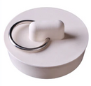 White rubber sink stopper with a metal pull ring, designed to fit drains securely. 
