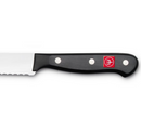 WÜSTHOF Gourmet 8-inch serrated bread knife's black ergonomic handle on a white background.