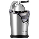 A brushed stainless steel citrus juicer with a black handle.