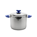 Stainless steel 7-quart stock pot with bright blue side handles and a matching lid on a white background.