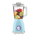 OVENTE blue countertop blender with 50 oz glass jar and control knob, displayed on a white background.