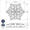 Dimensions for Nordic Ware cast aluminum snowflake-shaped baking pan with intricate detailing, shown on a white background.